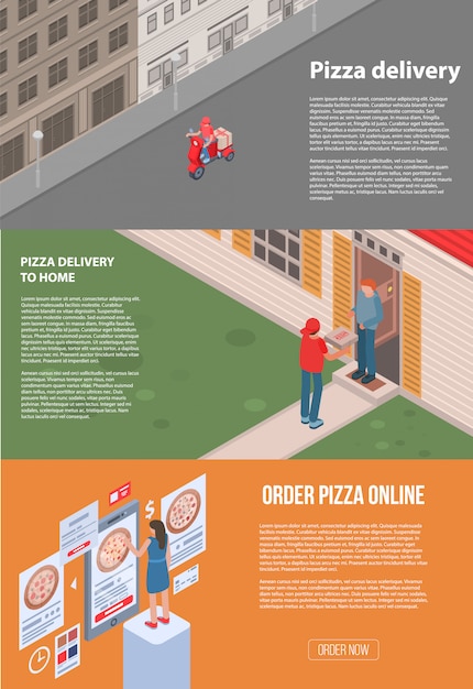 Pizzalevering banner set. isometrische set van pizza levering vector banner voor webdesign Premium Vector