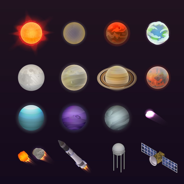 Planeten pictogramserie. isometrische set van planeten vector iconen voor webdesign geïsoleerd op een witte achtergrond Premium Vector