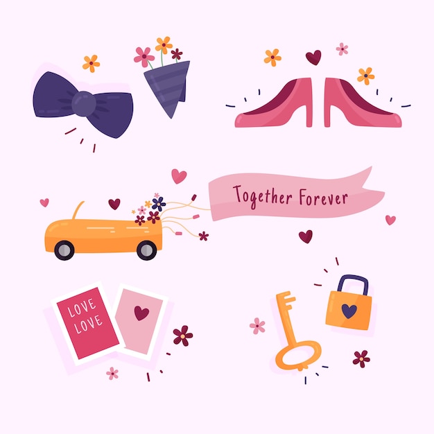 Platte bruiloft element collectie Gratis Vector