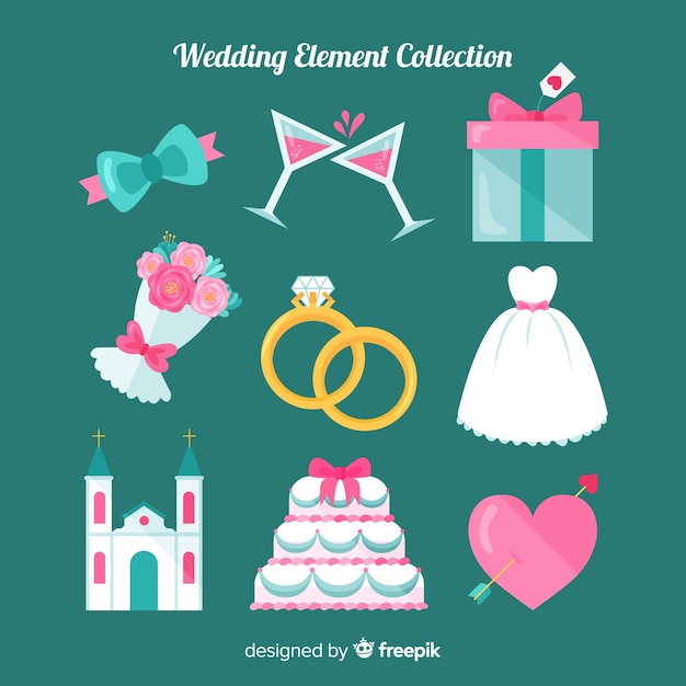 Platte bruiloft element collectie Gratis Vector