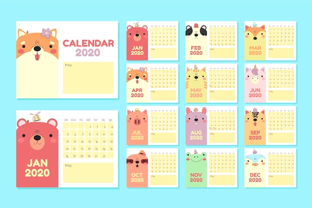 Platte dieren kalender 2020 sjabloon set Gratis Vector