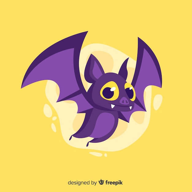 Platte halloween schattig vleermuis op gele achtergrond Gratis Vector
