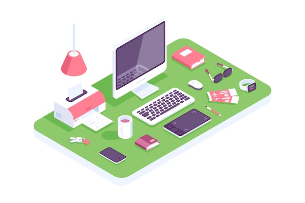 Platte isometrische 3d technologie werkruimte concept vector. laptop, smartphone, tablet, boek, desktopcomputer, koptelefoon, apparaten, printer, fauteuilset. werkplek thuis, ontwerpers, it, kantoor. huis Premium Vector