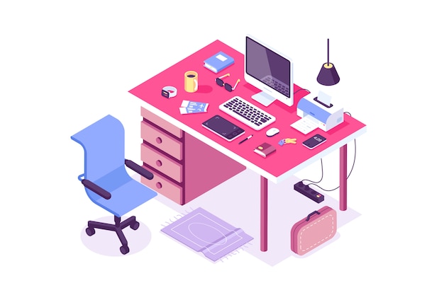 Platte isometrische 3d technologie werkruimte concept vector. laptop, smartphone, tablet, speler, desktop computer, koptelefoon, apparaten, printer, fauteuil, tas set. werkplek thuis, ontwerpers, it, kantoor Premium Vector
