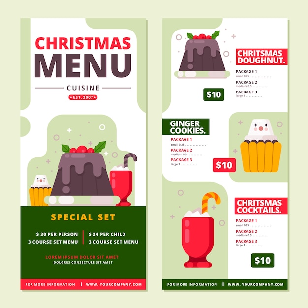Platte kerst menusjabloon Gratis Vector