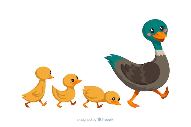 Platte moedereend en haar kuikens Gratis Vector