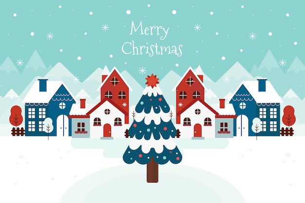 Platte ontwerp achtergrond kerststad Gratis Vector