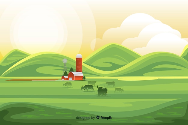 Platte ontwerp boerderij landschap-achtergrond Gratis Vector