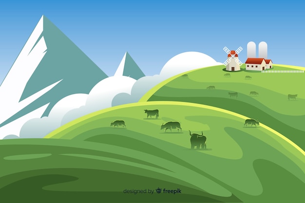 Platte ontwerp boerderij landschap-achtergrond Gratis Vector
