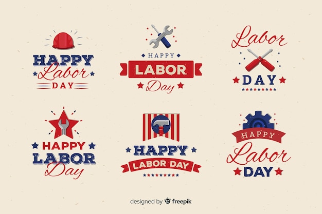 Platte ontwerp dag van de arbeid badge-collectie Gratis Vector