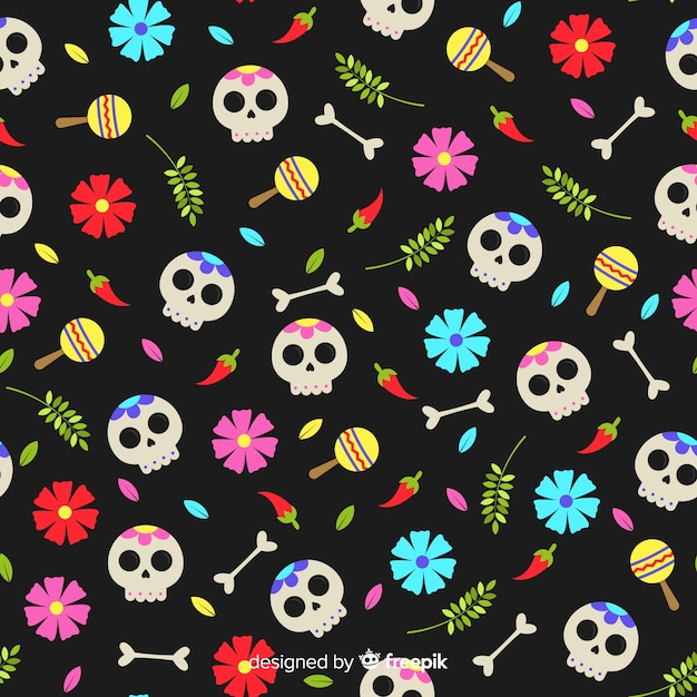 Platte ontwerp día de muertos patroon Gratis Vector