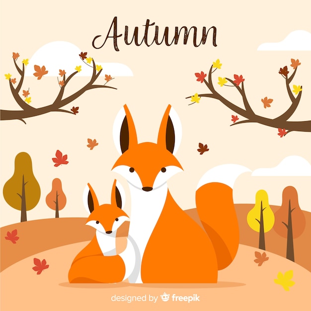 Platte ontwerp herfst achtergrond met dieren Gratis Vector
