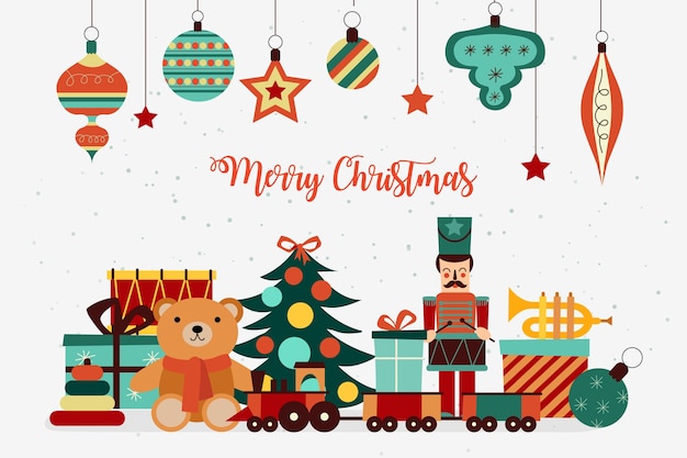 Platte ontwerp kerstmis speelgoed achtergrond Gratis Vector