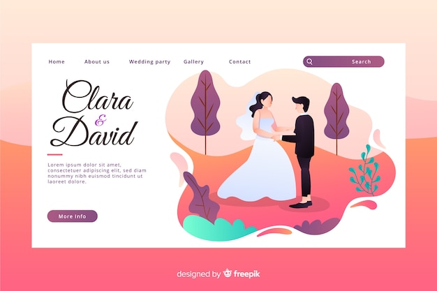 Platte ontwerp kleurrijke bruiloft bestemmingspagina met pasgetrouwden karakters Gratis Vector