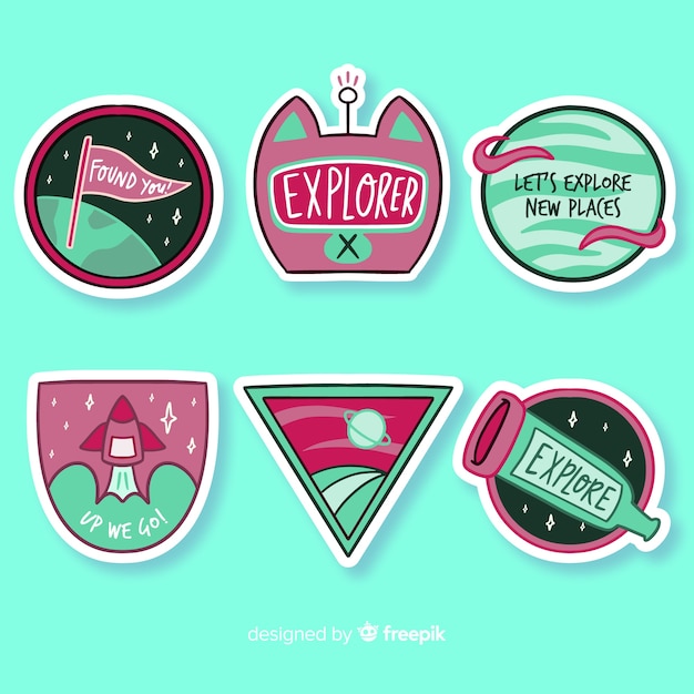Platte ontwerp kleurrijke ruimte sticker collectie Gratis Vector