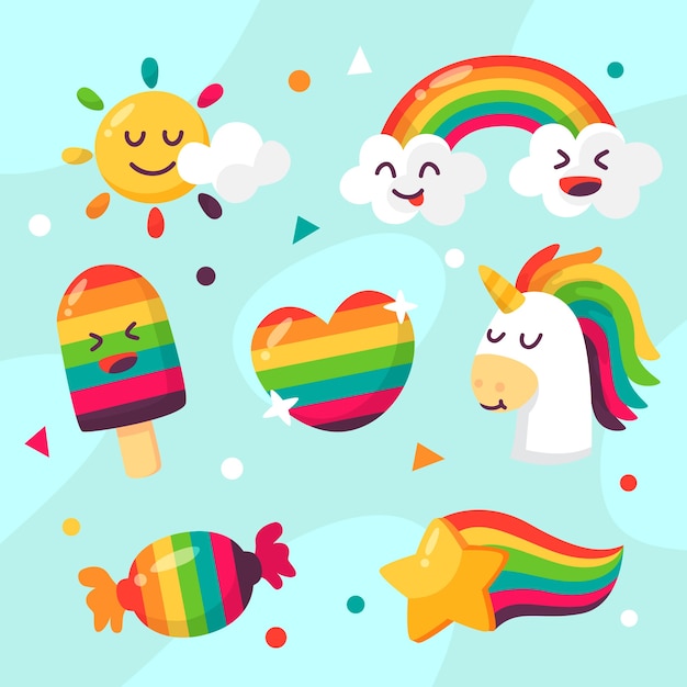 Platte ontwerp regenboog en eenhoorn | Gratis Vector