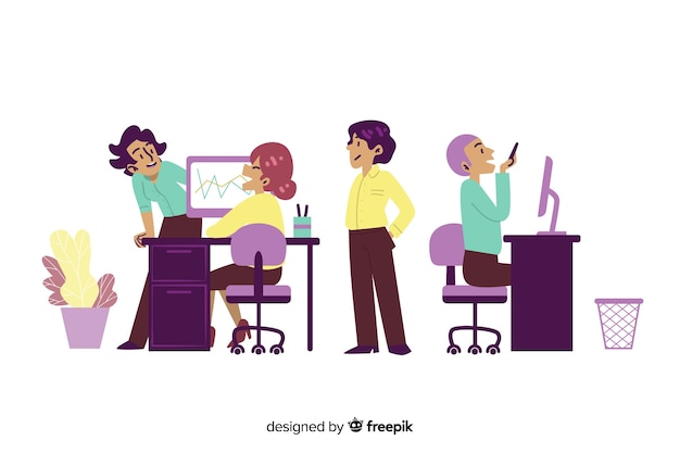 Platte ontwerp tekens chatten op de werkplek Gratis Vector