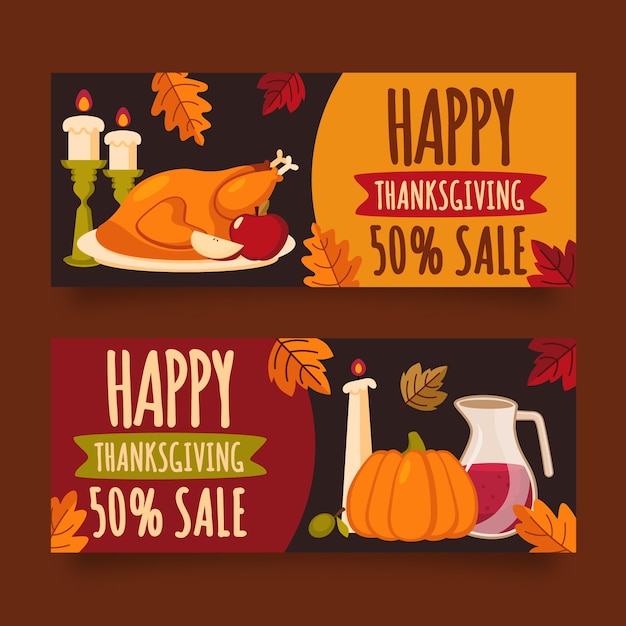 Platte ontwerp thanksgiving banners sjabloon Gratis Vector