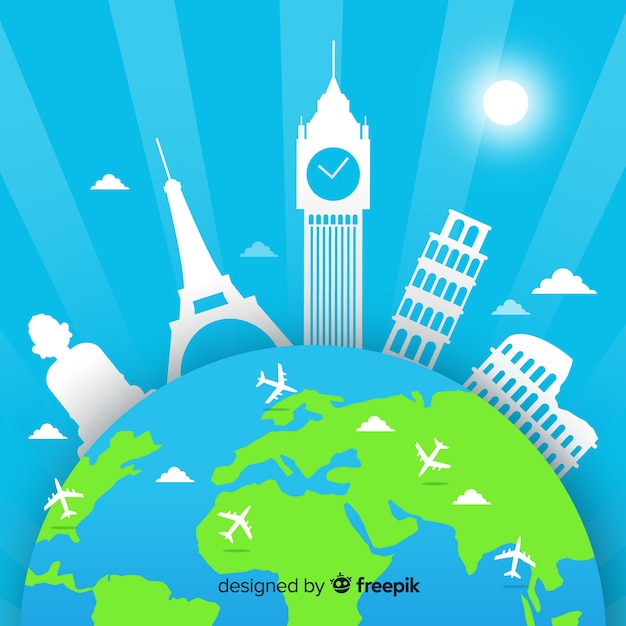 Platte ontwerp toeristische dag met bezienswaardigheden Gratis Vector