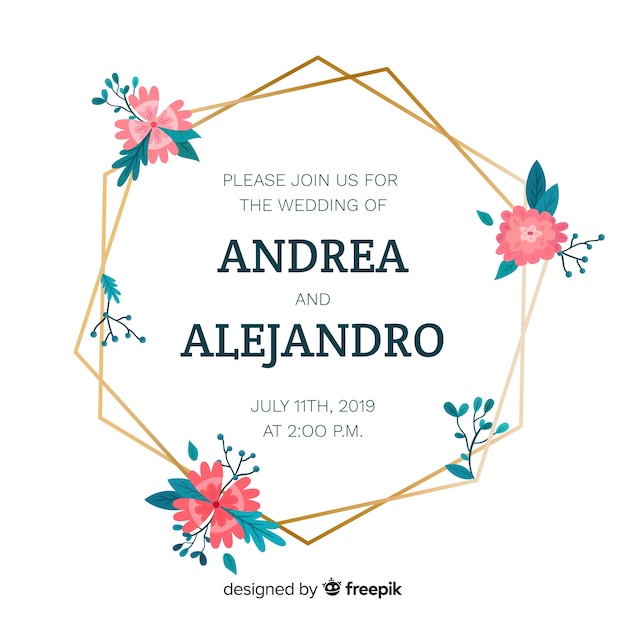Platte ontwerp van bloemen frame bruiloft uitnodiging Gratis Vector