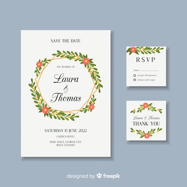 Platte ontwerp van bruiloft briefpapier sjabloon Gratis Vector