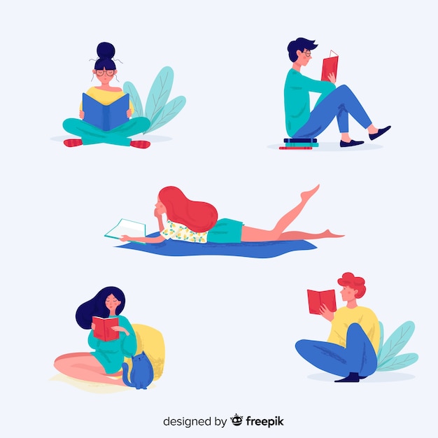 Platte ontwerp verschillende karakters lezen Gratis Vector