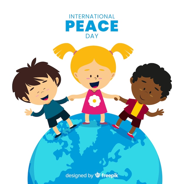 Platte ontwerp vredesdag met kinderen Gratis Vector