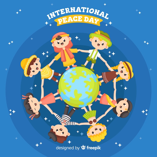 Platte ontwerp vredesdag met kinderen Gratis Vector