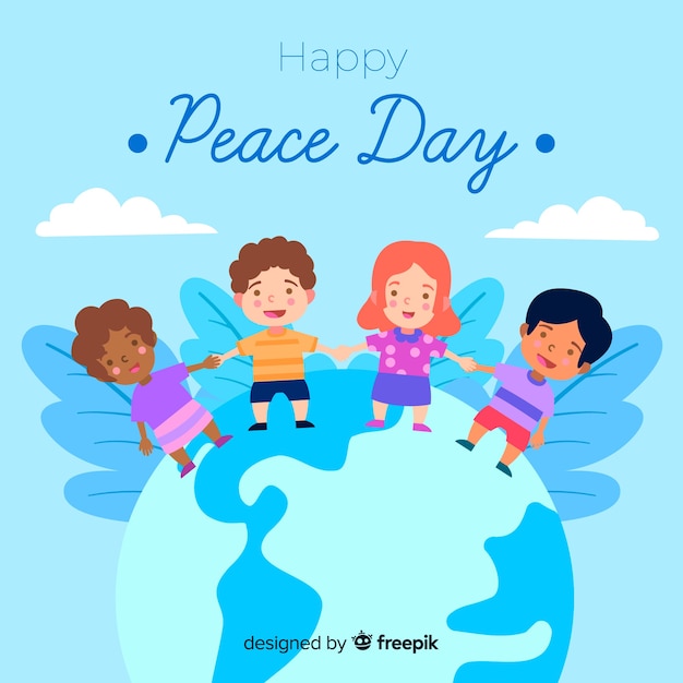 Platte ontwerp vredesdag met kinderen Gratis Vector