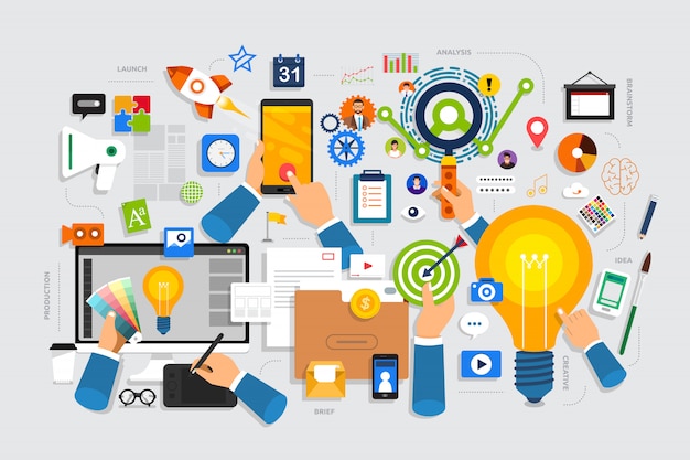Platte ontwerpconcept creatieve procesbegin met kort, idee en brainstorm. Premium Vector