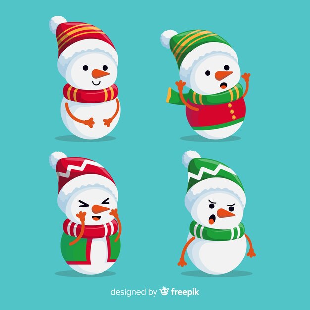Platte sneeuwpop character collection met sjaal Gratis Vector