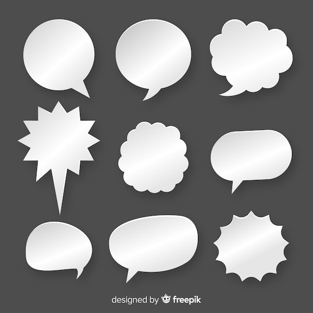 Platte toespraak bubble collectie op papier stijl zwarte achtergrond Gratis Vector
