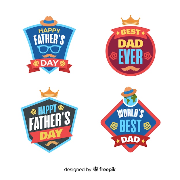 Platte verzameling vadersdag-badge Gratis Vector
