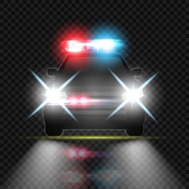Politie-auto met koplampen fakkels en sirene op de nachtweg. speciale en blauwe lichtstralen | Premium Vector