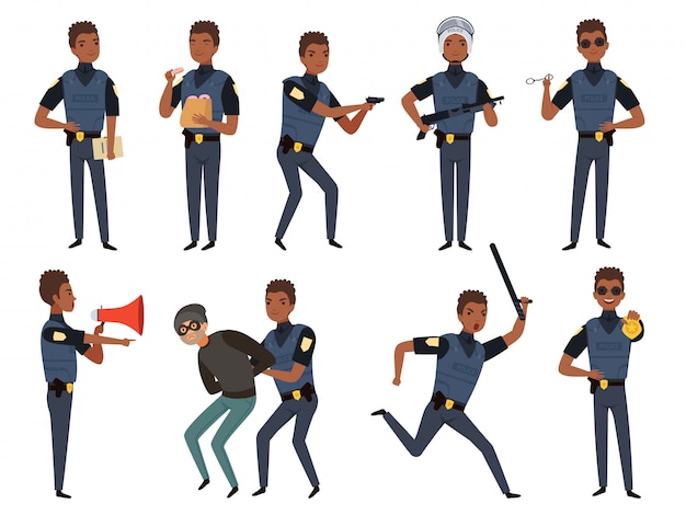 Politie tekens. patrouille politieagent beveiligingsautoriteit mascottes in actie vormt cartoon illustraties Premium Vector