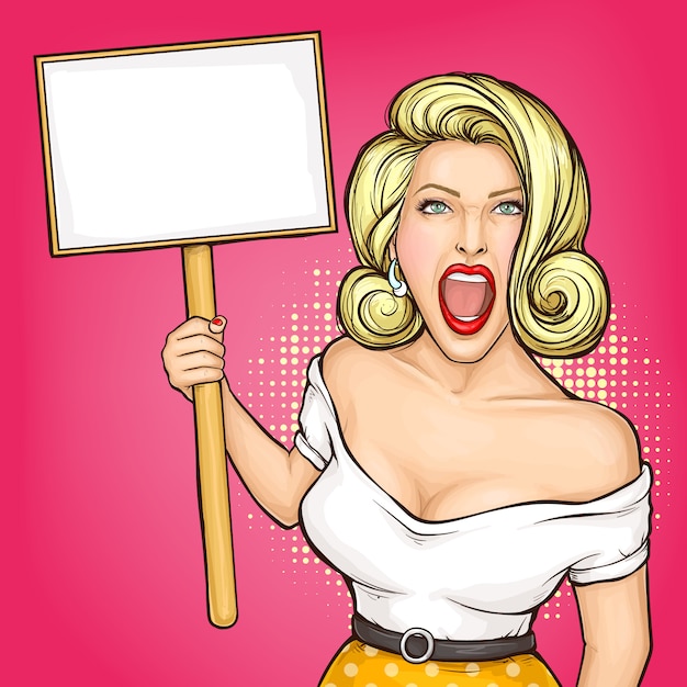 Pop-artvrouw die leeg protestaanplakbiljet houdt Gratis Vector