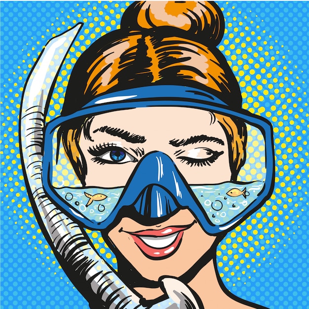 Popart illustratie van vrouw in duikuitrusting Premium Vector