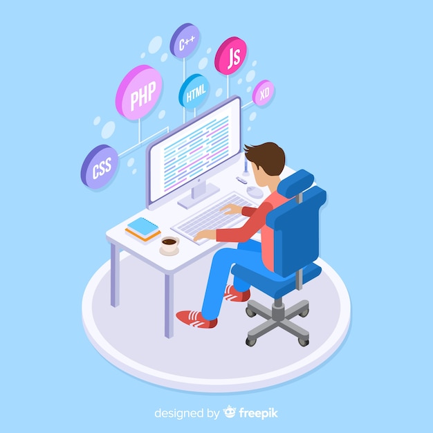 Portret van programmeur die met pc werkt Gratis Vector