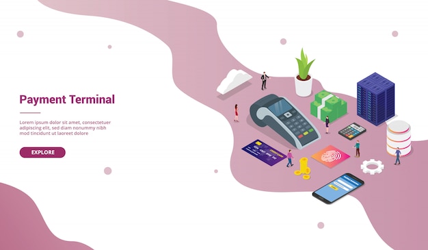 Pos betaalterminal concept met teammensen en creditcardtechnologiezaken voor websitemalplaatje of startpagina met isometrische moderne stijl Premium Vector