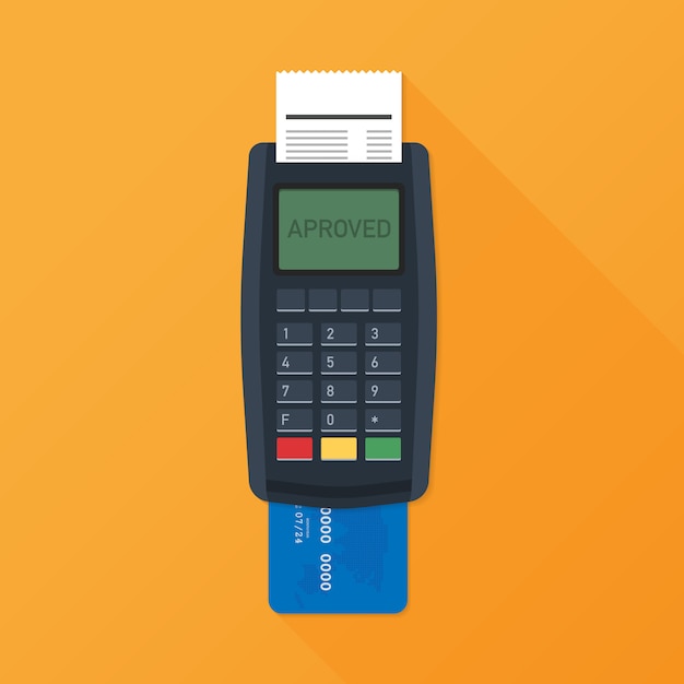 Pos-terminal. betaalterminal met ontvangstbewijs. bank- en zakelijke diensten. vector illustratie Premium Vector