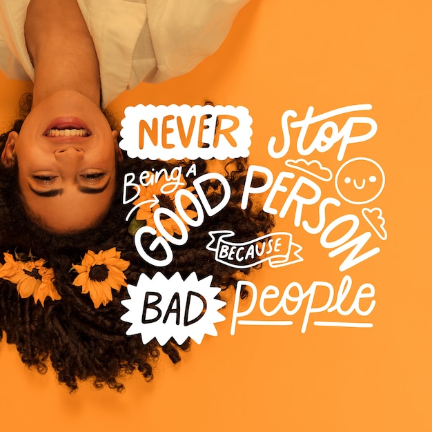 Positieve belettering citaat met foto Gratis Vector