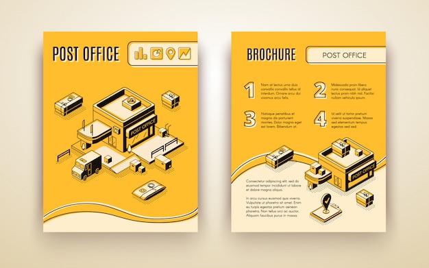 Post of bezorgservice, zakelijke logistiek bedrijf isometrische vector reclamefolder Gratis Vector