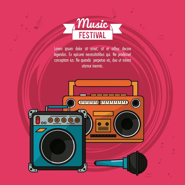 Poster met cassette-cassettespeler en luidsprekerbox en microfoon Premium Vector