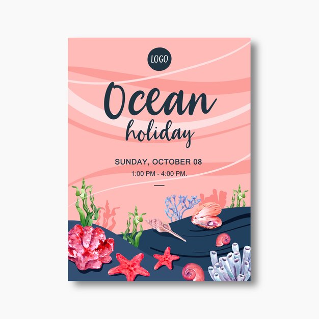 Poster met sealife-thema, creatieve zeester met koraalillustratiesjabloon Gratis Vector