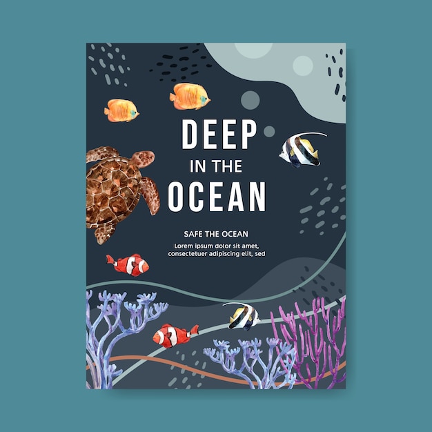 Poster met sealife-thema, schildpad en vis onder de zee illustratie sjabloon. Gratis Vector