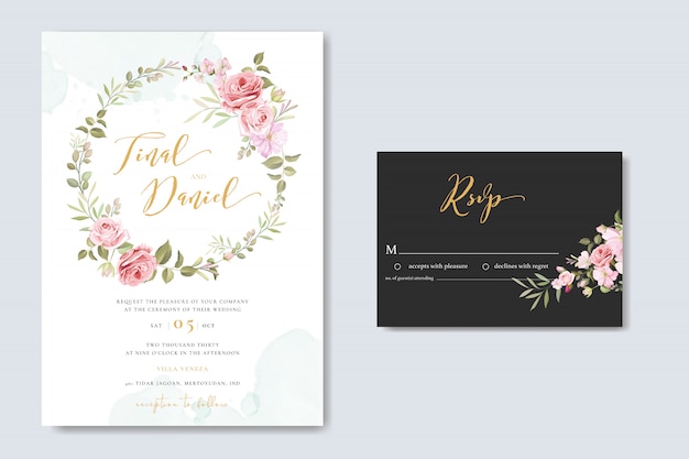 Prachtige bloemen bruiloft kaart met rozen frame sjabloon Premium Vector