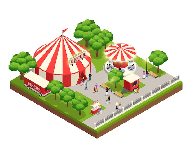 Pretpark isometrische compositie met carrousel circustent ticket kassier kiosk en mensen met kinderen Gratis Vector