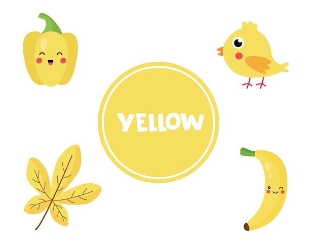 Primaire kleuren leren kinderen. leuke plaatjes in gele kleur. educatief spel voor kinderen. activiteitenpagina's voor homeschoolonderwijs. oefenen. | Vector