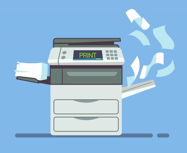 Professioneel bureaukopieerapparaat, multifunctionele printer die document documenten geïsoleerde vectorillustratie drukken. printer en copiermachine voor kantoorwerk Premium Vector