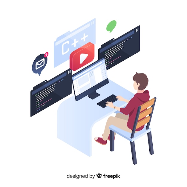 Programmeur die in isometrische stijl werkt Gratis Vector